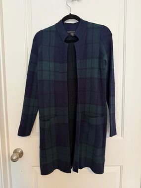 Tahari Plaid Open Cardigan in Navy and Green